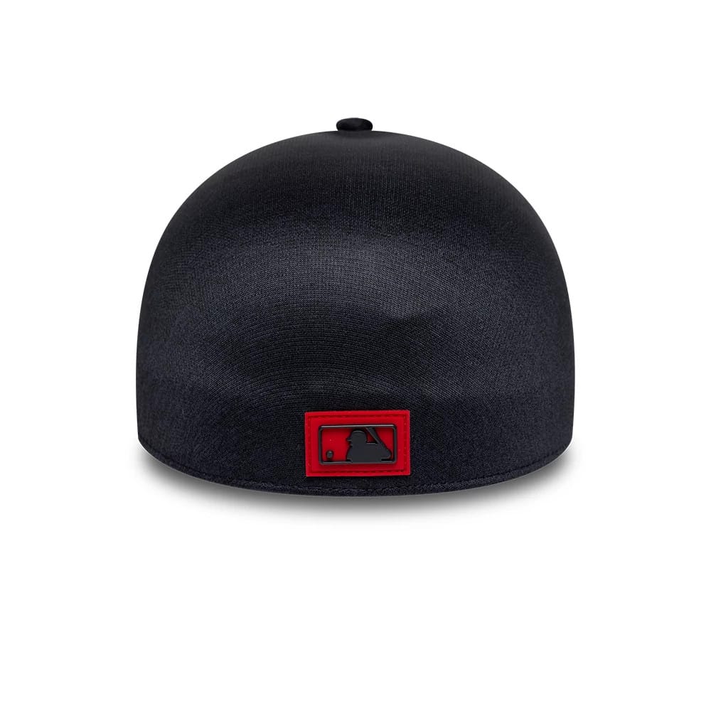 LA Angels MLB Clubhouse Black New Era 39THIRTY Infinity Stretch Fit Cap, rear view showing the black and red MLB Batterman logo at the centre back, set low on the structured black crown.