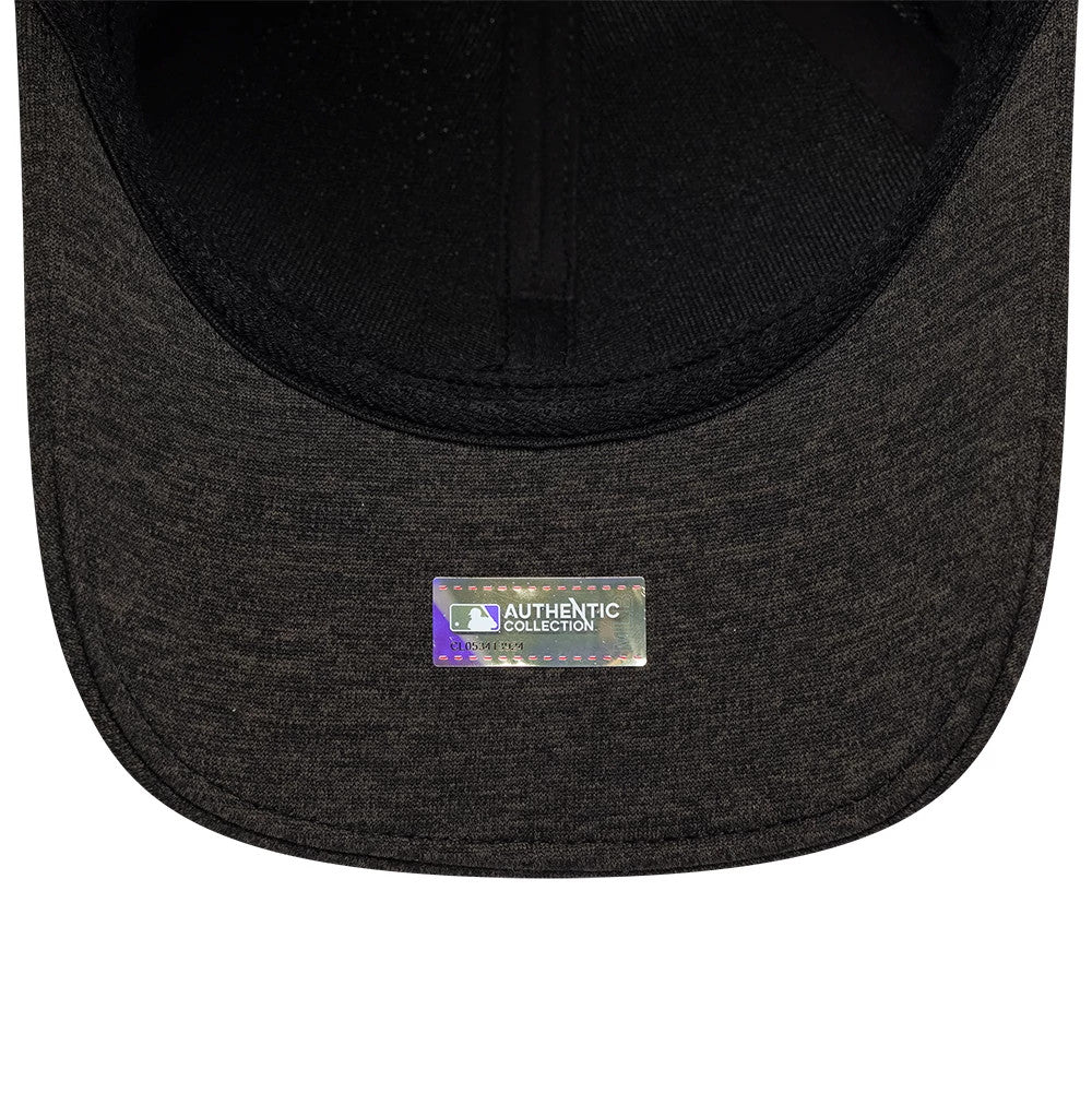 Miami Marlins MLB Clubhouse Black New Era 39THIRTY Infinity Stretch Fit Cap, inside view showing the black undervisor with an MLB Authentic Collection holographic sticker, black sweatband and interior taping.