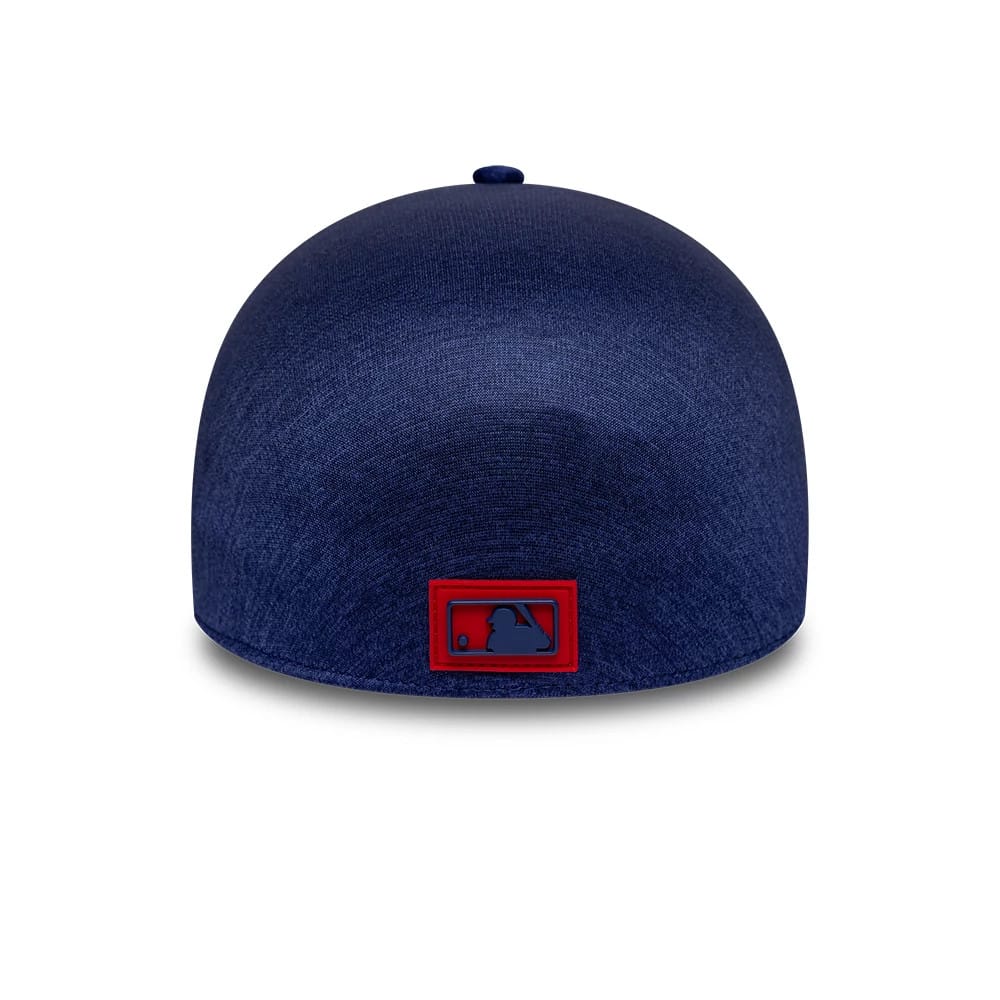 Texas Rangers MLB Clubhouse Dark Blue New Era 39THIRTY Infinity Stretch Fit Cap, rear view showing the MLB Batterman logo in a red and dark blue colour scheme, set centrally on the dark blue structured crown.