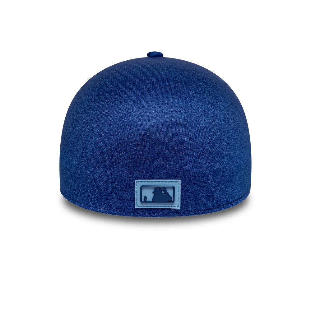 Toronto Blue Jays MLB Clubhouse Blue New Era 39THIRTY Infinity Stretch Fit Cap, rear view showing the dark blue MLB Batterman logo against the blue textured back panels that form the structured, stretchable crown.