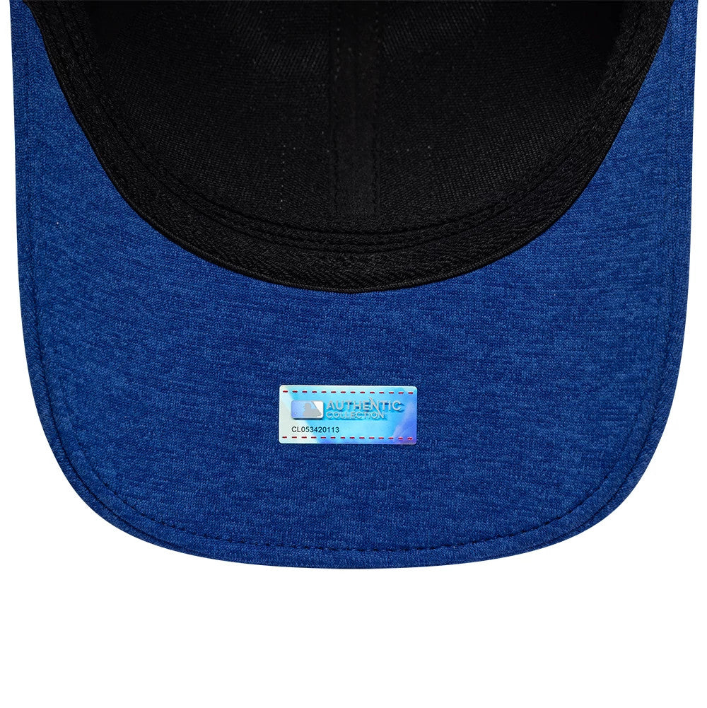 Toronto Blue Jays MLB Clubhouse Blue New Era 39THIRTY Infinity Stretch Fit Cap, inside view showing the black sweatband, a blue undervisor, and an authentic collection sticker centrally placed.
