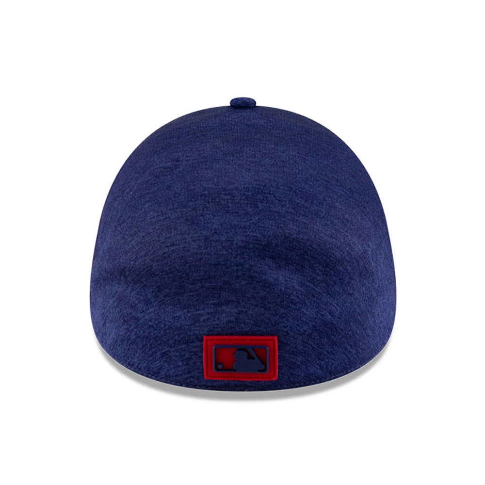 Philadelphia Phillies MLB Clubhouse Red New Era 39THIRTY Infinity Stretch Fit Cap, rear view showing a blue embroidered MLB Batterman logo encased in a red border at the centre of the back panel on a structured blue crown.
