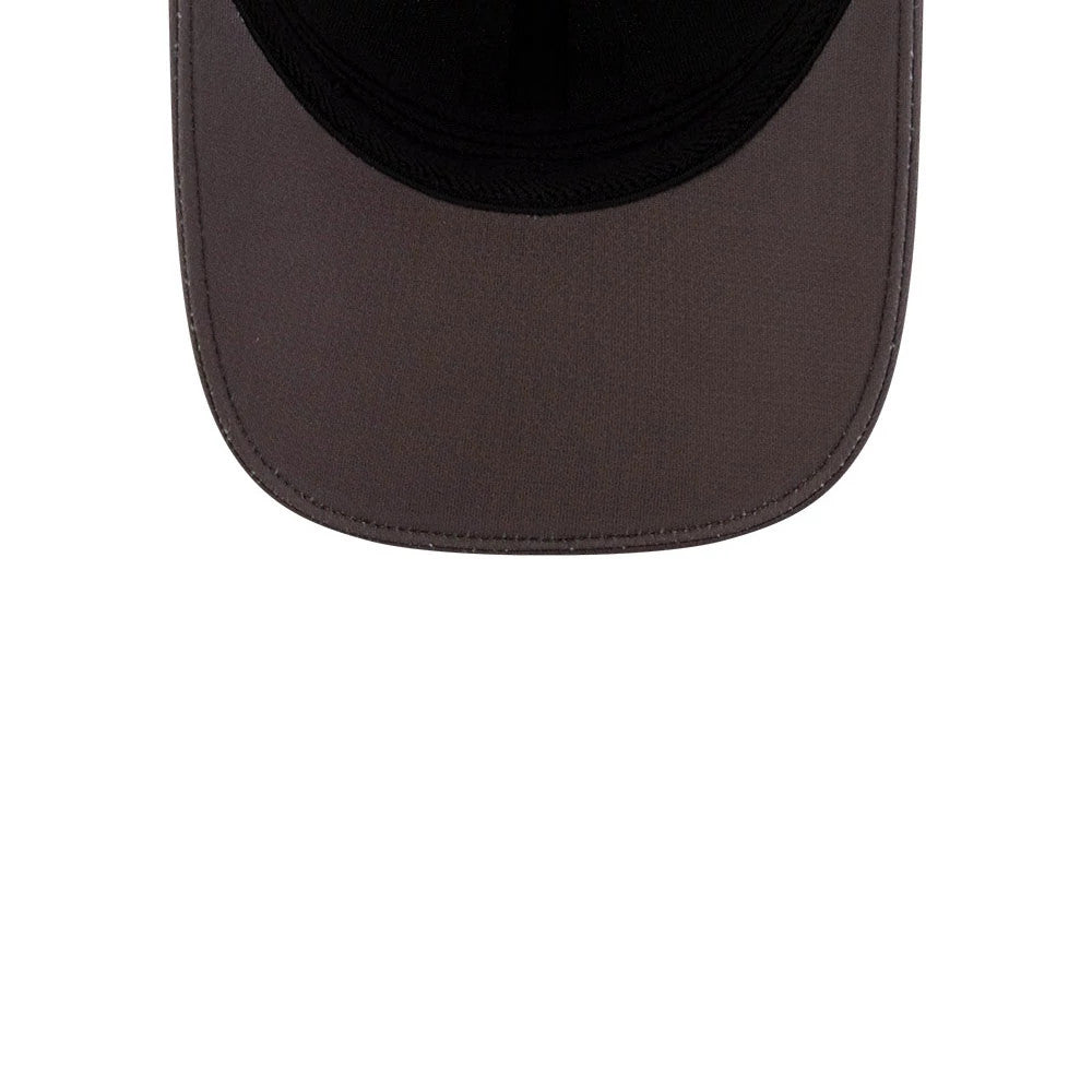 San Diego Padres MLB Clubhouse Dark Brown New Era 39THIRTY Infinity Stretch Fit Cap, inside view showing the black sweatband, dark brown undervisor, and matching interior taping details.