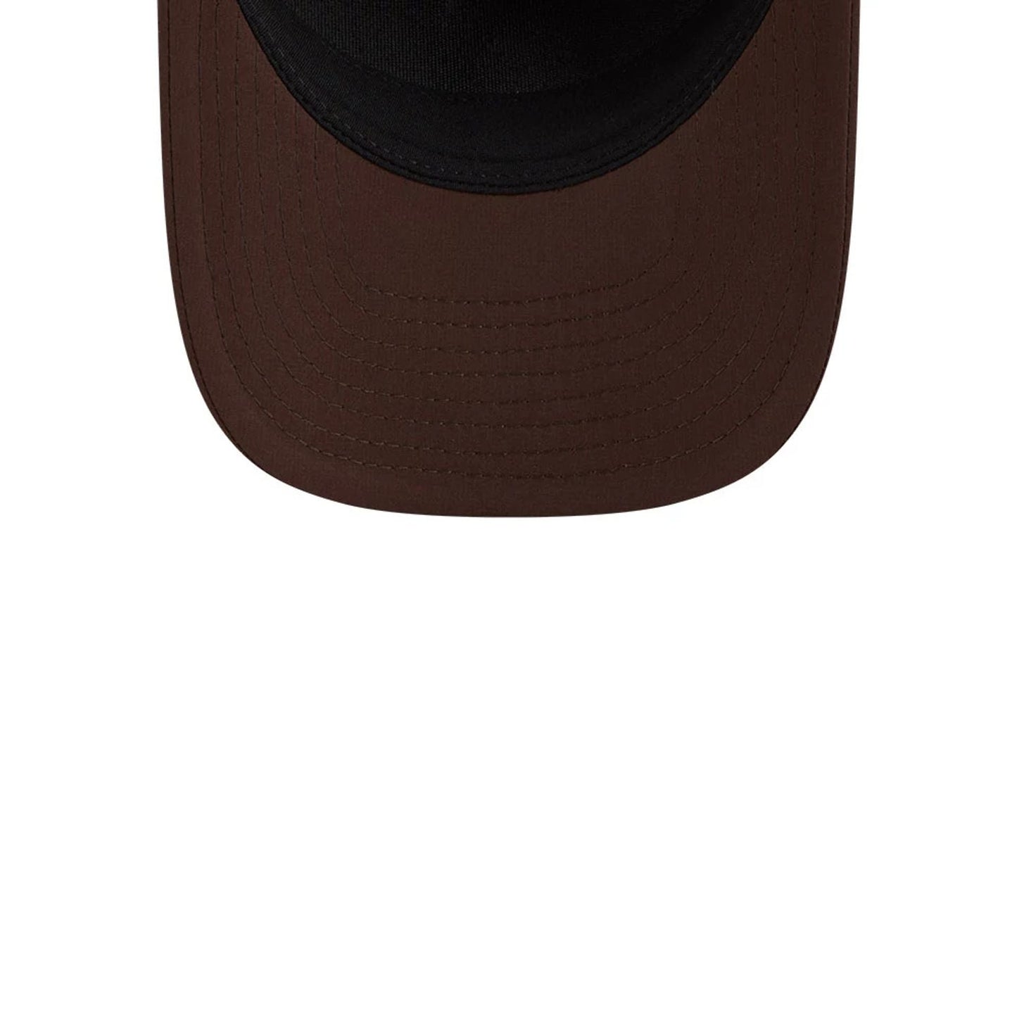 San Diego Padres MLB Clubhouse Dark Brown New Era 9FORTY M-Crown A-Frame Adjustable Cap, overhead view showing the structured dark brown visor with detailed stitching and a contrasting black crown peeking through.