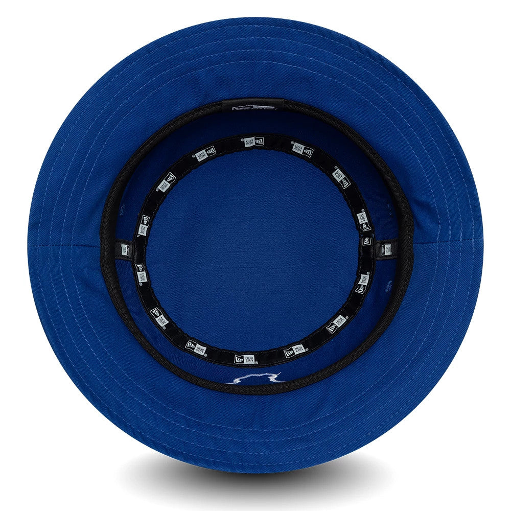 New Era FC Porto Core Blue Tapered Bucket Hat, inside view showing black New Era branded taping around the inner band, with a blue undervisor and detailed stitching along the visor.