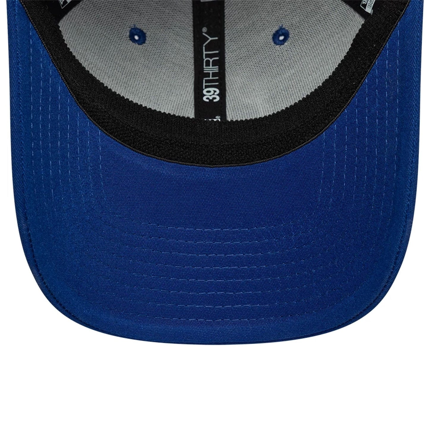 FC Porto Core Blue New Era 39THIRTY Stretch Fit Cap, inside view showing the black sweatband, grey taping with white 39THIRTY lettering, and black stitches securing blue eyelets on a grey interior.