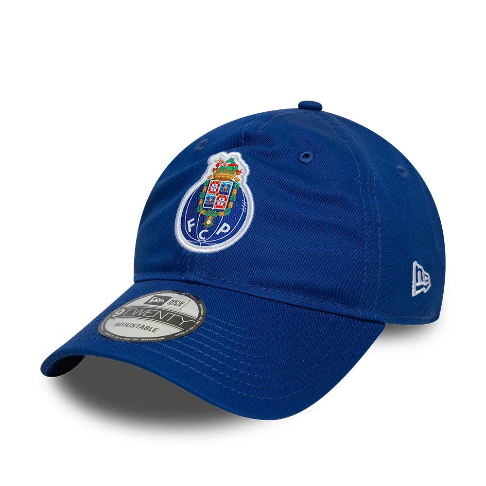 FC Porto Core Blue New Era 9TWENTY Cap, front view showing the embroidered FC Porto crest in full colour on the blue crown, with the New Era flag logo on the left side and a 9TWENTY size sticker on the curved visor.