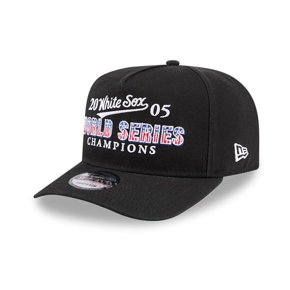 Chicago White Sox MLB Historic Black New Era 9FIFTY A-Frame Snapback Cap, three-quarter view with World Series Champions lettering in red, white, and blue embroidery on the front panel, black flat visor, and New Era flag logo on the left side.