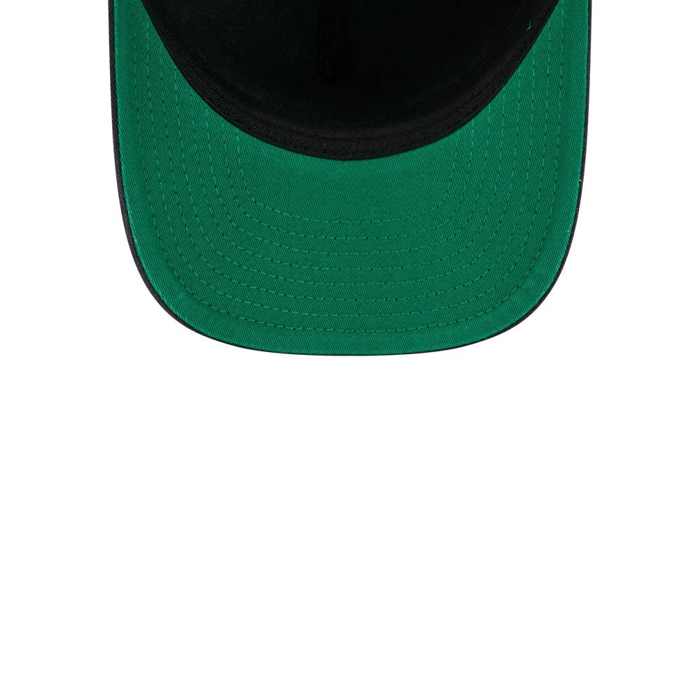New York Yankees MLB Historic Navy New Era 9FIFTY A-Frame Snapback Adjustable Cap, inside view featuring a green undervisor and black taping along the seams, with a black sweatband lining the interior edge.