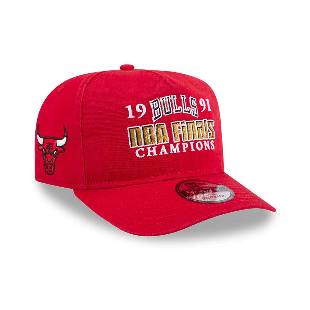 Chicago Bulls NBA Historic Red New Era 9FIFTY A-Frame Snapback Adjustable Cap, three-quarter view showing the embroidered front text reading 19 Bulls 91 NBA Finals Champions, red visor with 9FIFTY size sticker, and Bulls logo on left side.