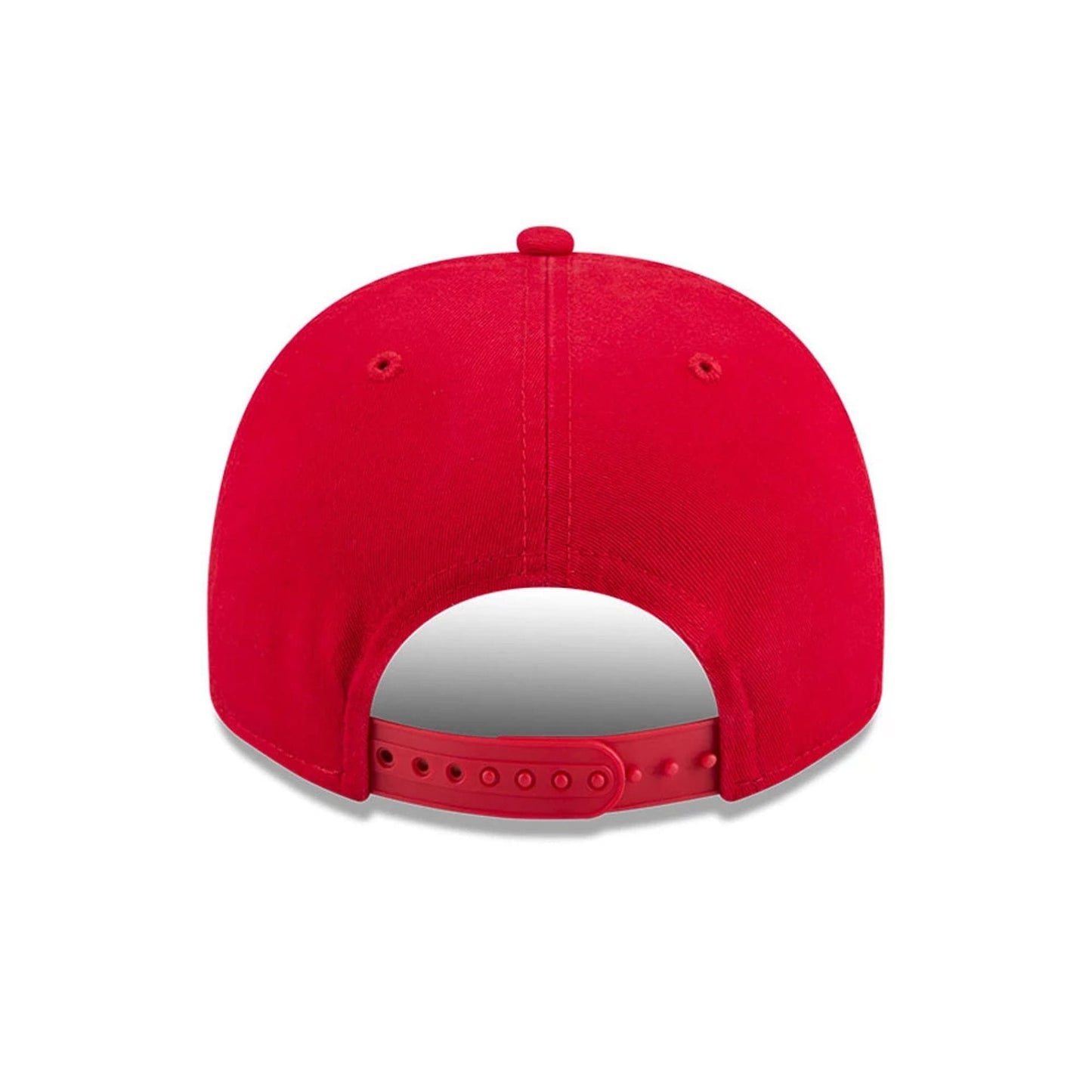 Chicago Bulls NBA Historic Red New Era 9FIFTY A-Frame Snapback Adjustable Cap, rear view showing the red adjustable snap closure and solid red structured crown with matching eyelets and top button.