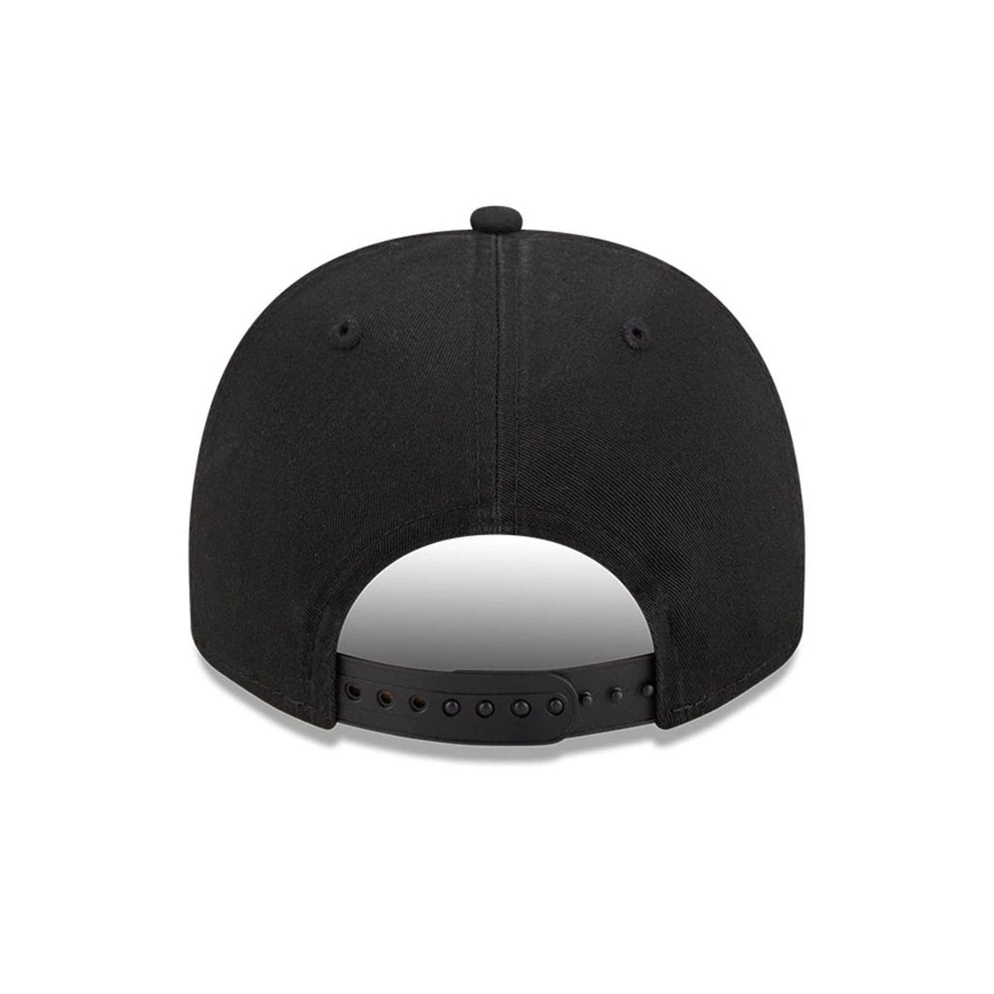 LA Kings NHL Historic Black New Era 9FIFTY A-Frame Snapback Adjustable Cap, rear view showing the black snapback closure and plain black back panels with matching embroidered eyelets and top button for a cohesive look.