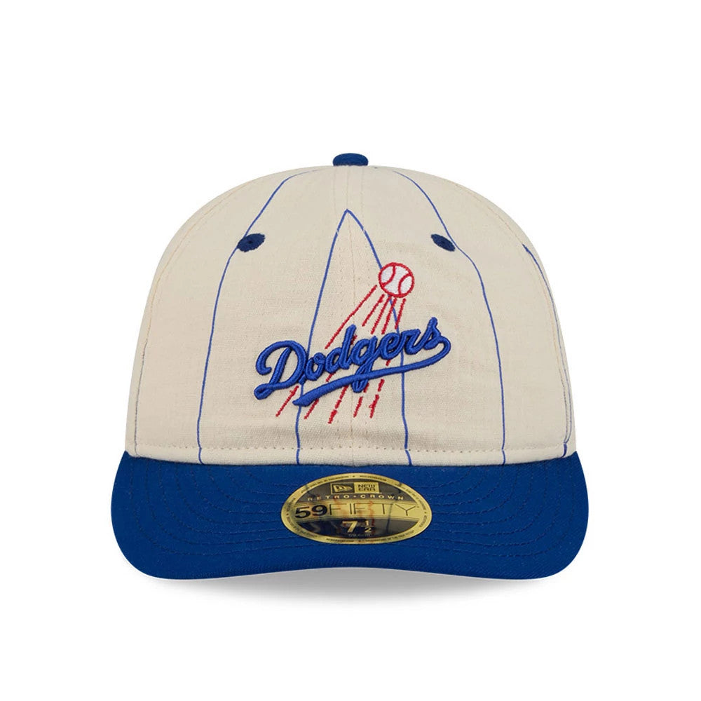 LA Dodgers MLB Linen Black Retro Crown New Era 59FIFTY Fitted Cap, front view showing the blue embroidered Dodgers script logo and red batter graphic on pinstriped panels, with a blue visor and gold 59FIFTY size sticker.