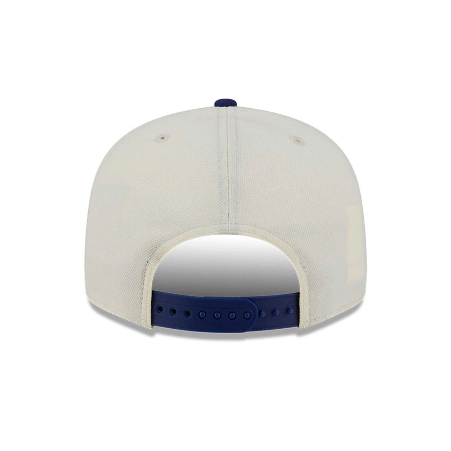 LA Dodgers MLB Localized White New Era 9FIFTY Snapback Adjustable Cap, rear view showing the plain back with a structured white crown and a contrasting blue adjustable snap closure for a customised fit.