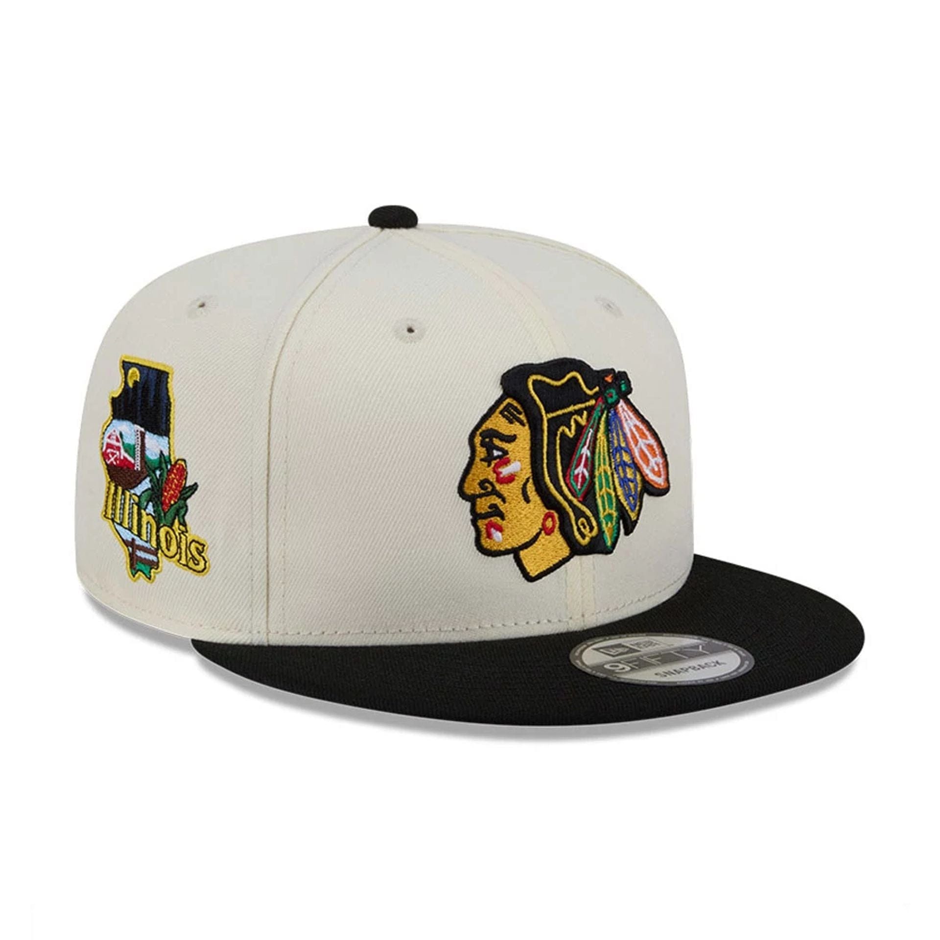 Pictured is this NHL Localized Chicago Blackhawks 9FIFTY Snapback cap in white. 1
