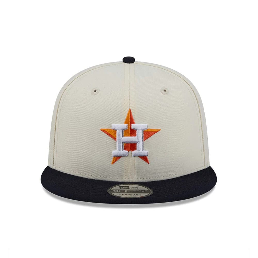 Houston Astros MLB Localized White New Era 9FIFTY Snapback Adjustable Cap, front view showing the raised embroidered orange and white Astros logo on the cream front panel, with a black visor and a 9FIFTY size sticker.