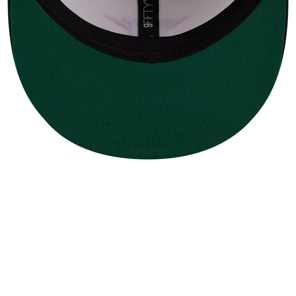 Houston Astros MLB Localized White New Era 9FIFTY Snapback Adjustable Cap, inside view showing the black sweatband, green undervisor, and contrasting white interior panels lined with black taping.
