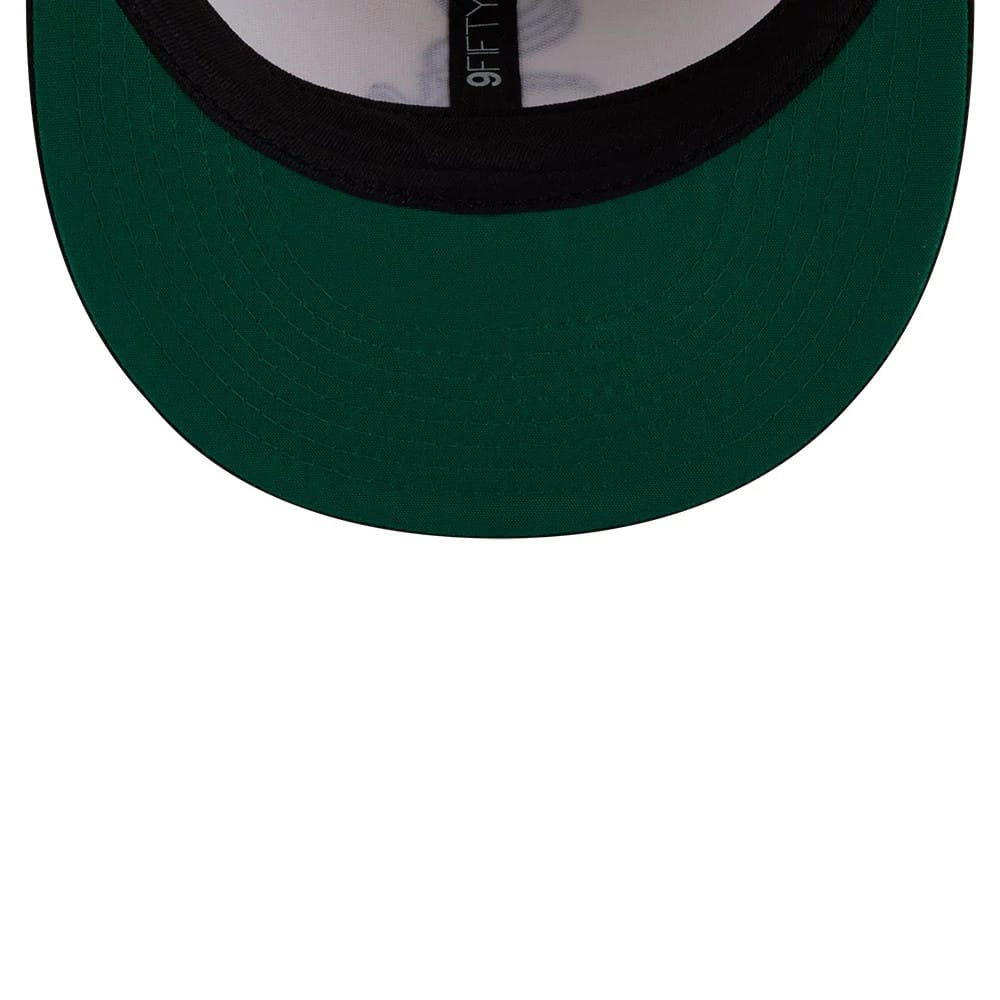 Chicago White Sox MLB Localized White New Era 9FIFTY Snapback Adjustable Cap, inside view showing the green undervisor, black sweatband, and 9FIFTY taping against a white interior lining.