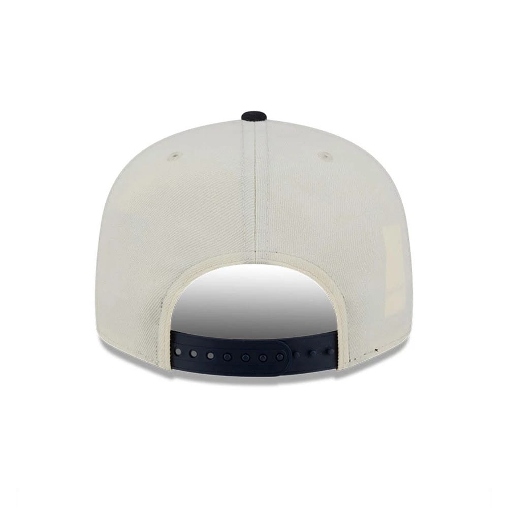 Boston Red Sox MLB Localized White New Era 9FIFTY Snapback Adjustable Cap, rear view showing the navy blue adjustable snap closure on the white crown, with light grey embroidered eyelets and a black top button.