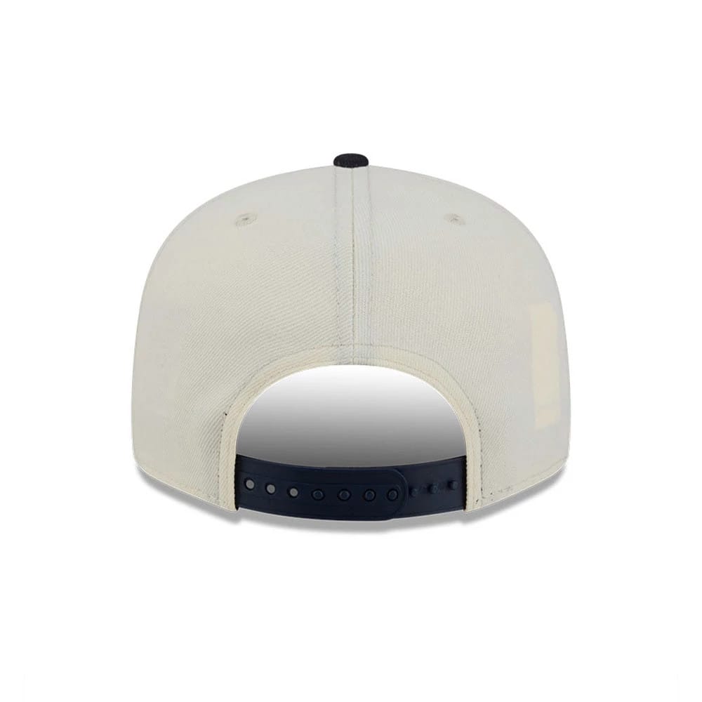 New York Yankees MLB Localized White New Era 9FIFTY Snapback Adjustable Cap, rear view showing the spacious opening with a black adjustable snap closure, and a black top button on the structured white crown.