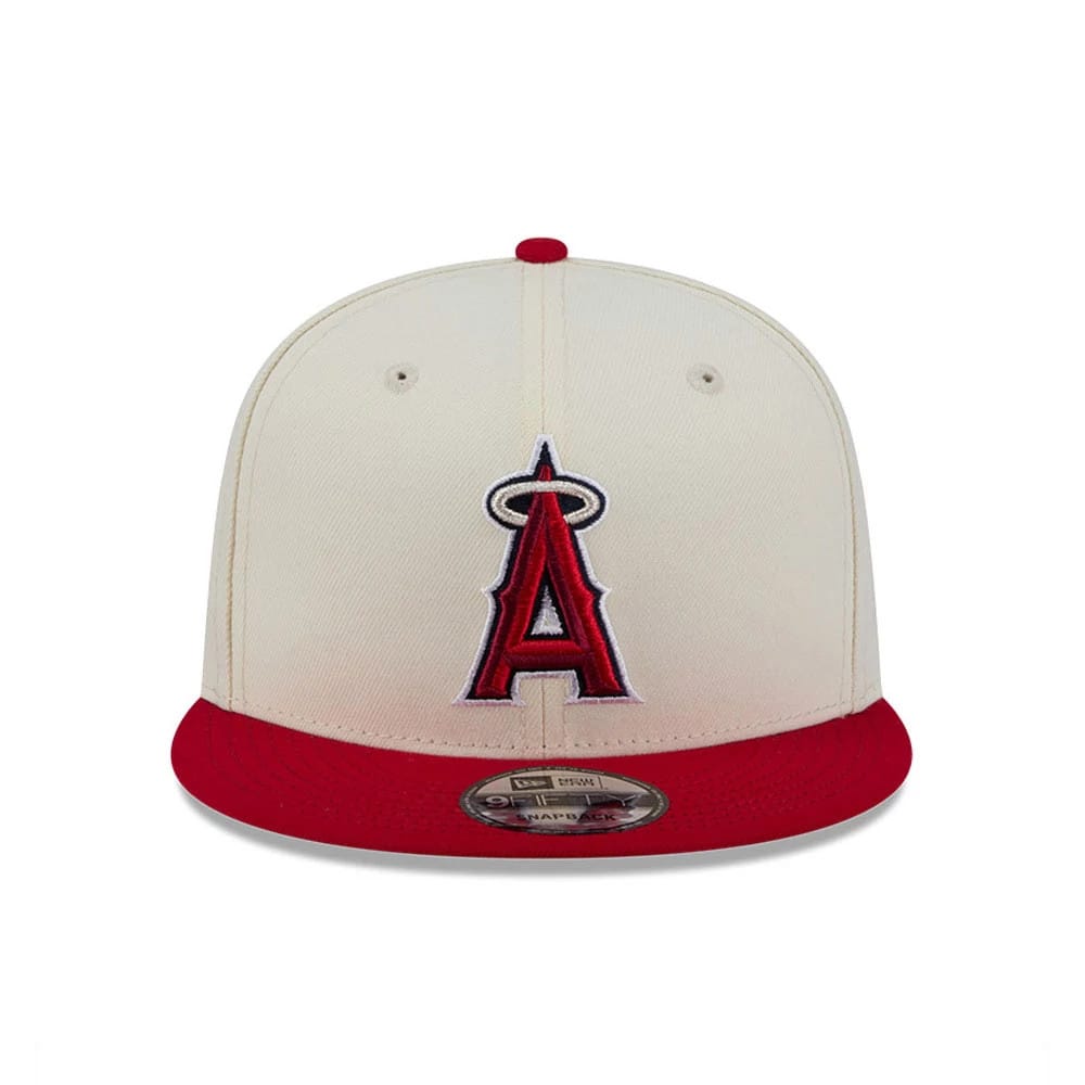 LA Angels MLB Localized White New Era 9FIFTY Snapback Adjustable Cap, front view showing the red embroidered A logo with a white halo on the front panel, red flat visor and silver 9FIFTY size sticker on the visor.