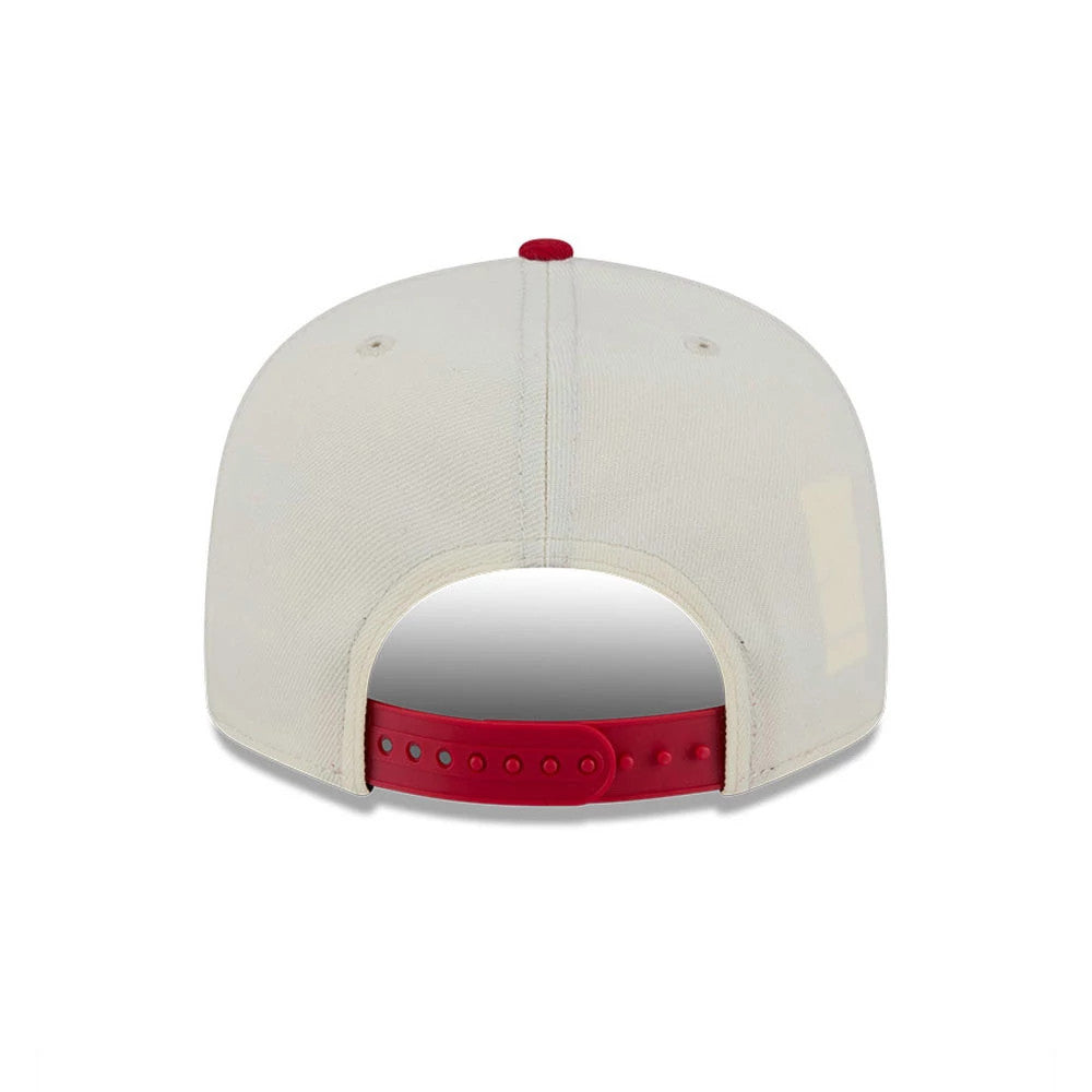 LA Angels MLB Localized White New Era 9FIFTY Snapback Adjustable Cap, rear view showing the absence of a back logo, with two embroidered eyelets and a red snapback closure contrasting with the white structured crown.