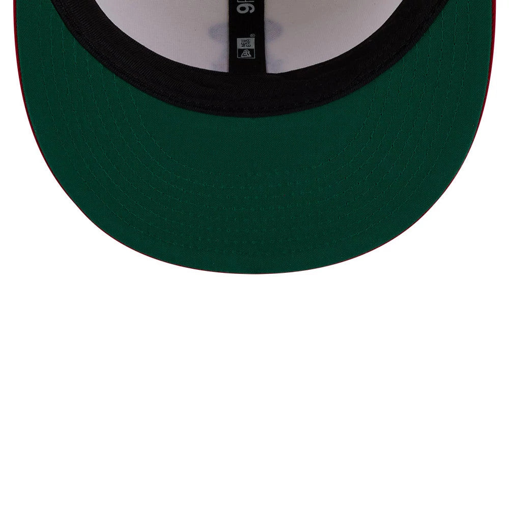 LA Angels MLB Localized White New Era 9FIFTY Snapback Adjustable Cap, inside view showing the green undervisor, black taping with white 9FIFTY branding, and a black sweatband around the interior.