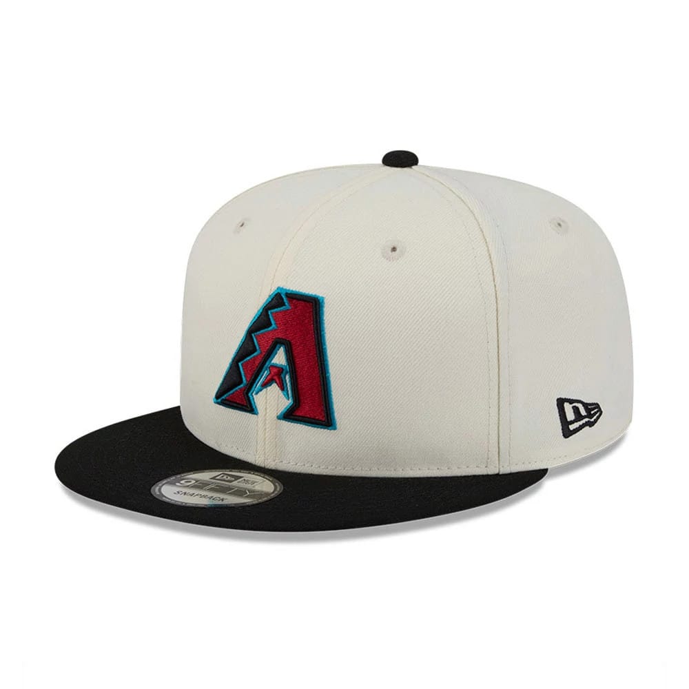 Arizona Diamondbacks MLB Localized White New Era 9FIFTY Snapback Adjustable Cap, front view showing the red and teal embroidered team logo on the front panel, black flat visor with a 9FIFTY size sticker, and the New Era flag logo on the left side.