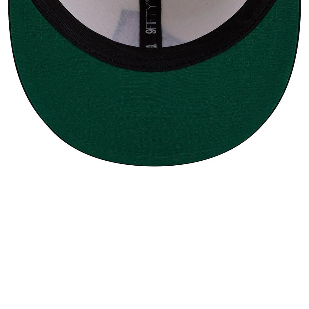 Arizona Diamondbacks MLB Localized White New Era 9FIFTY Snapback Adjustable Cap, inside view showing the green undervisor, black sweatband, and 9FIFTY taping running across the structured crown interior.