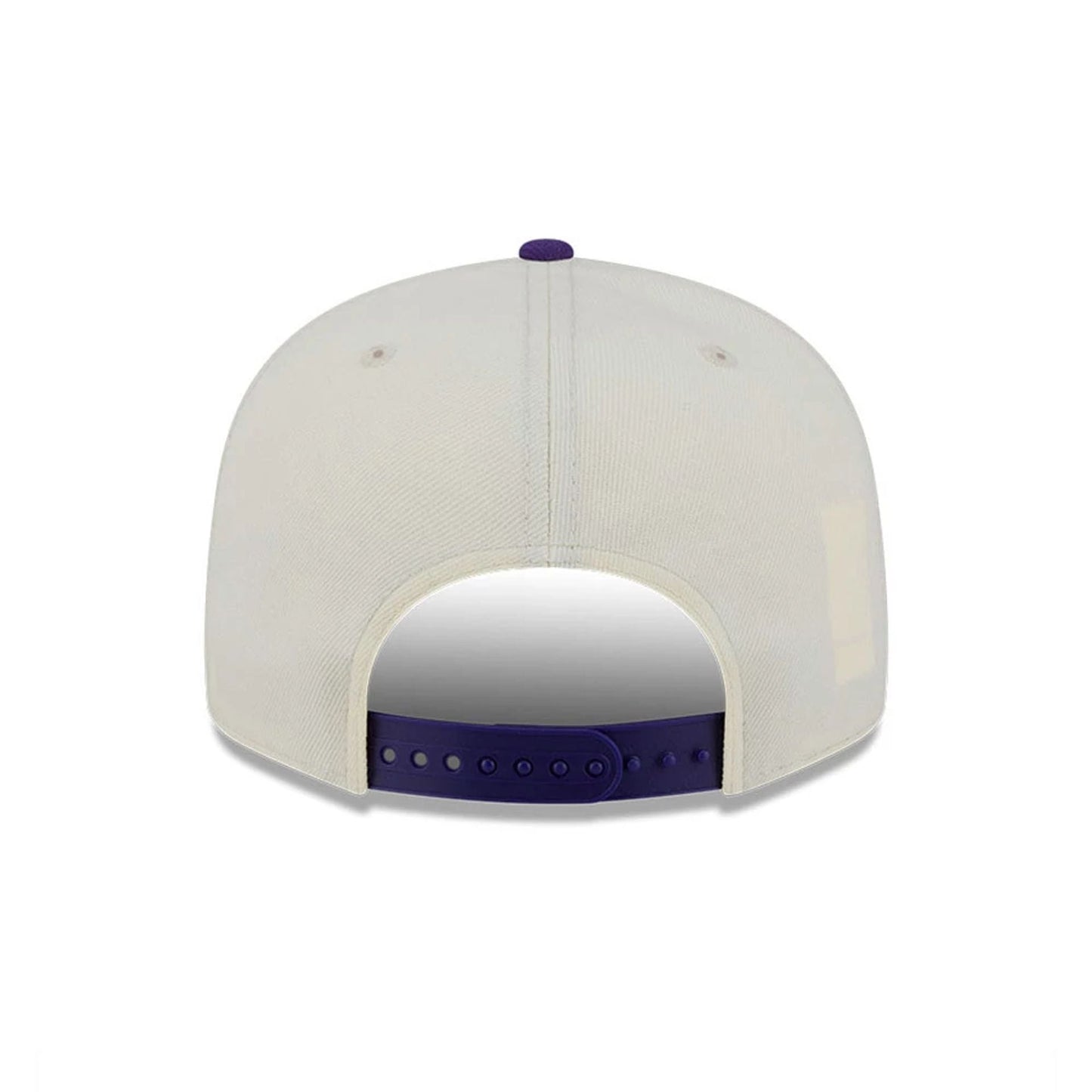 LA Lakers NBA Localized White New Era 9FIFTY Snapback Adjustable Cap, rear view showing a purple adjustable snap closure and eyelets on the structured white crown with a matching top button.