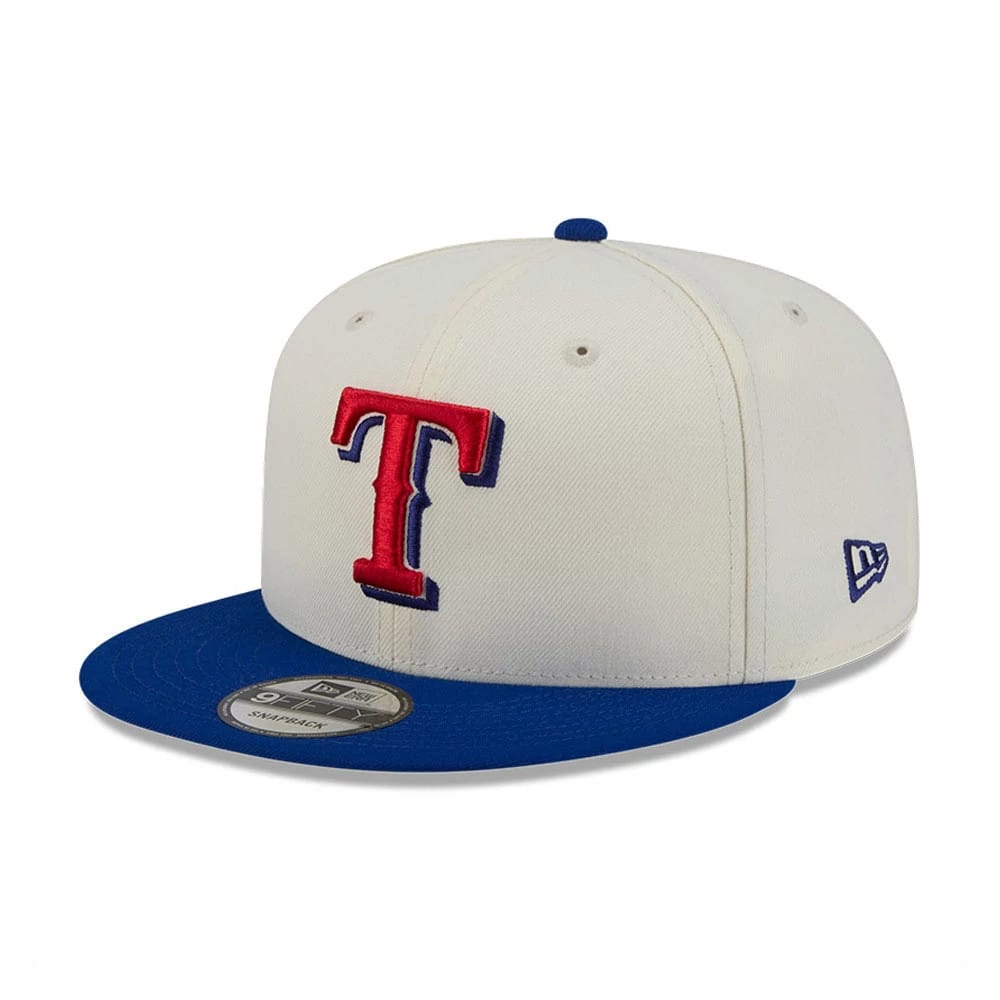 Texas Rangers MLB Localized White New Era 9FIFTY Snapback Adjustable Cap, front view showing the raised red and blue Rangers T logo on the white crown, with a blue visor and 9FIFTY size sticker, and New Era flag logo on the left side.