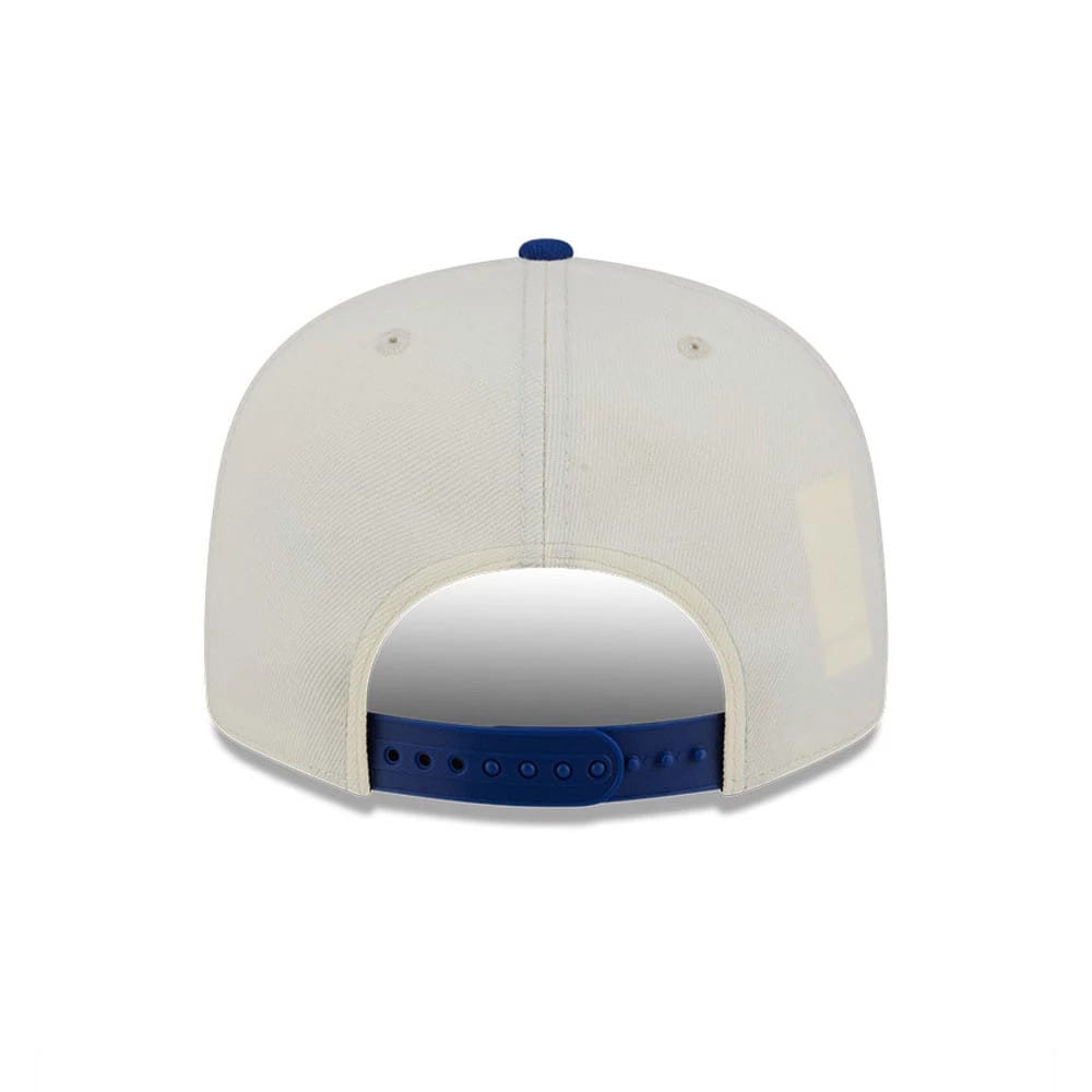 Texas Rangers MLB Localized White New Era 9FIFTY Snapback Adjustable Cap, rear view showing a structured white crown with a blue top button, featuring a blue adjustable snapback closure.