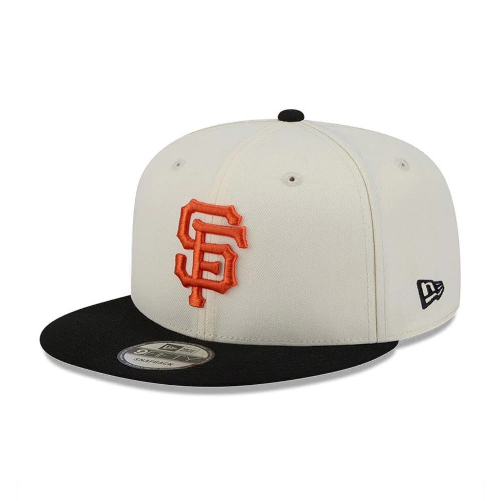 San Francisco Giants MLB Localized White New Era 9FIFTY Snapback Adjustable Cap, front view showing the raised orange embroidered SF logo on the white crown, with a black flat visor and a 9FIFTY size sticker.