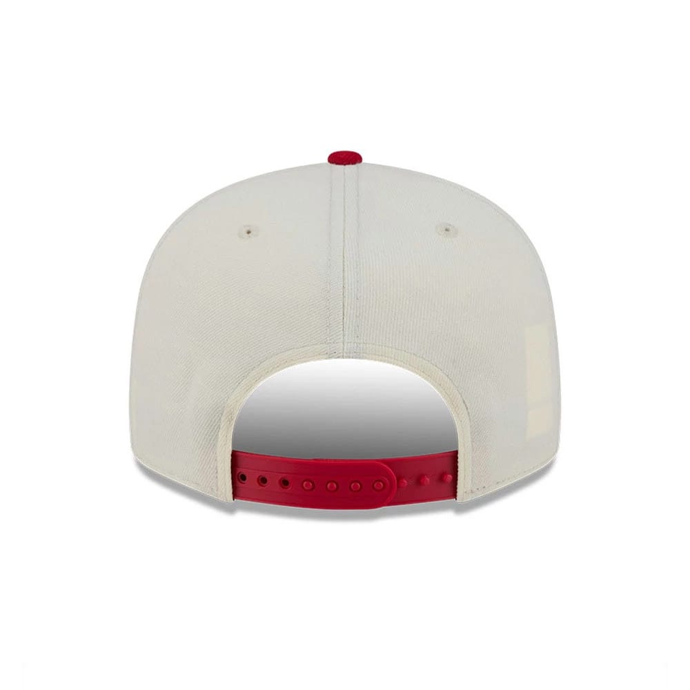 Philadelphia Phillies MLB Localized White New Era 9FIFTY Snapback Adjustable Cap, rear view showing the cap's red adjustable snapback closure and a matching top button, with a white structured crown featuring white eyelets.
