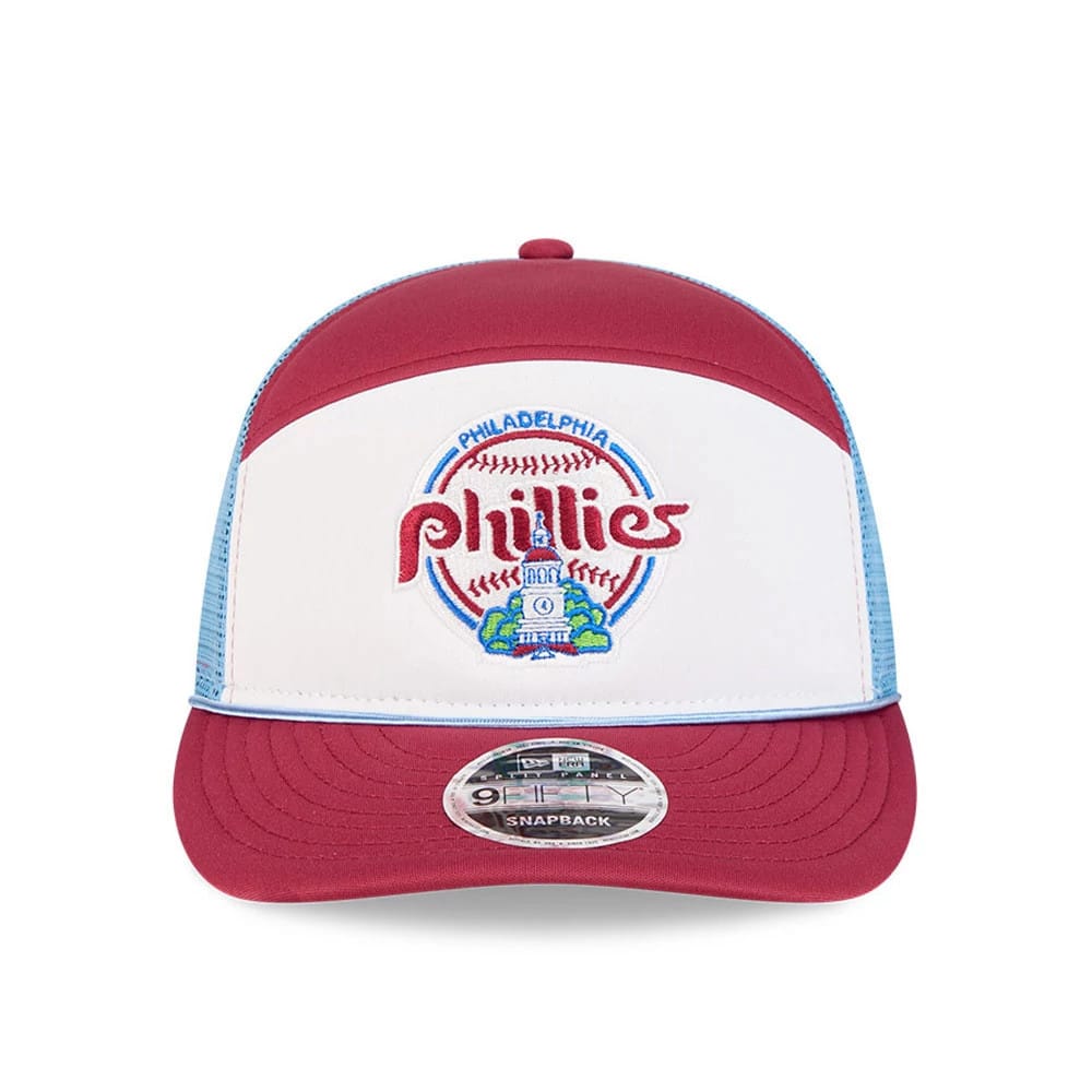 Pictured is this MLB Blocked Philadelphia Phillies 9FIFTY Split Panel Snapback cap in Dark Red. 3