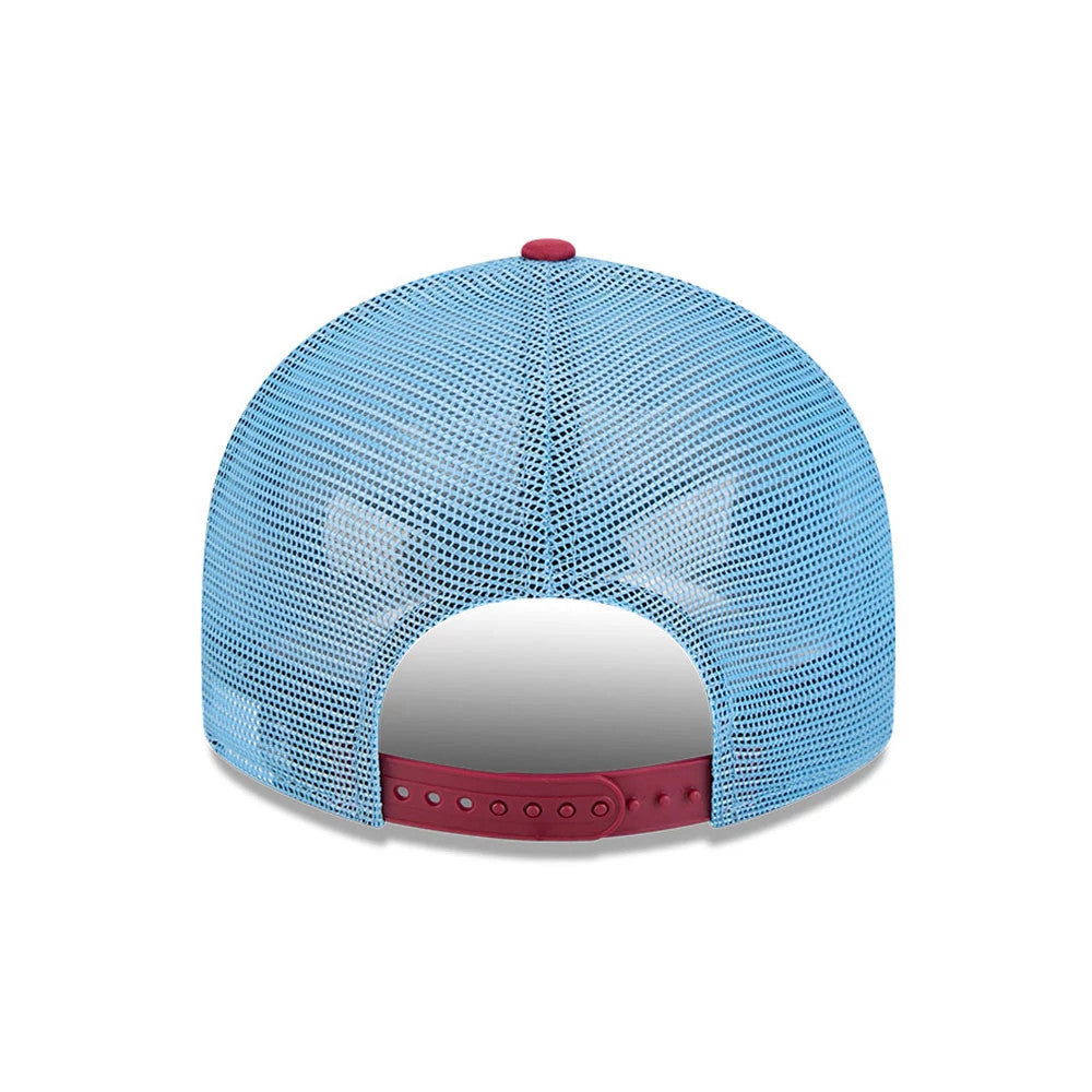 Philadelphia Phillies MLB Blocked Dark Red New Era 9FIFTY Split Panel Snapback Cap, rear view showing a ventilated light blue mesh crown, dark red snapback closure, and matching top button on the structured silhouette.