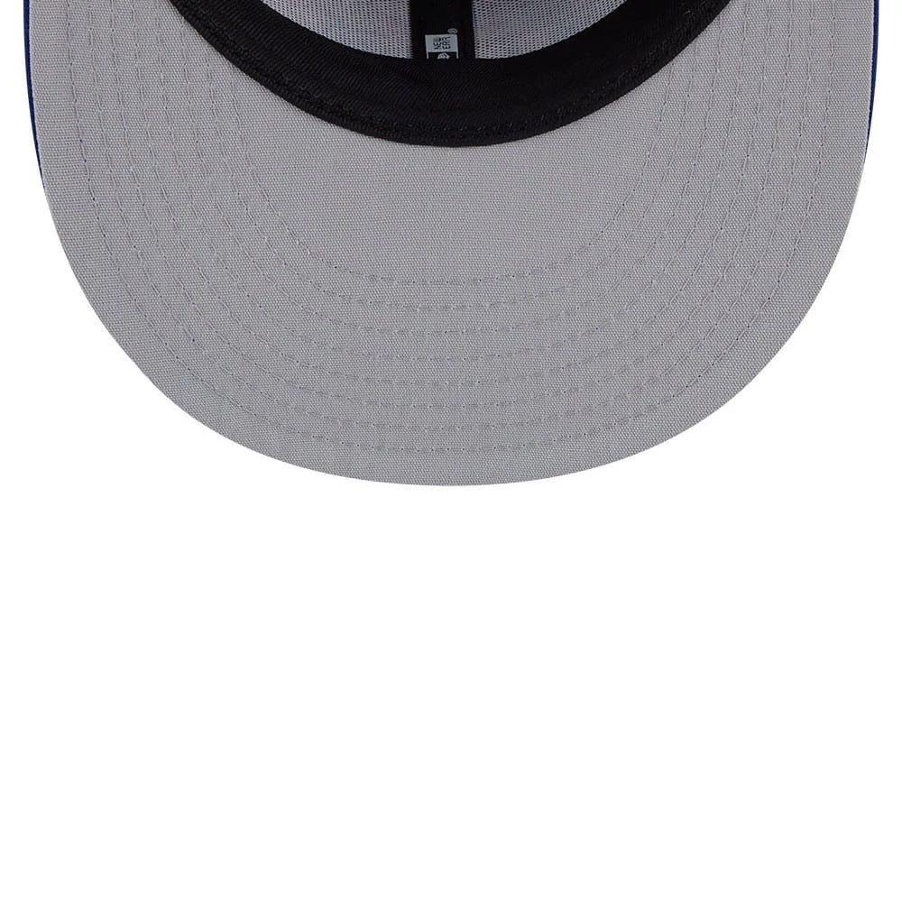 New York Mets MLB Leaves Blue New Era 59FIFTY Fitted Cap, inside view showing the grey undervisor, black sweatband, and New Era branded taping running along the seam of the structured crown.