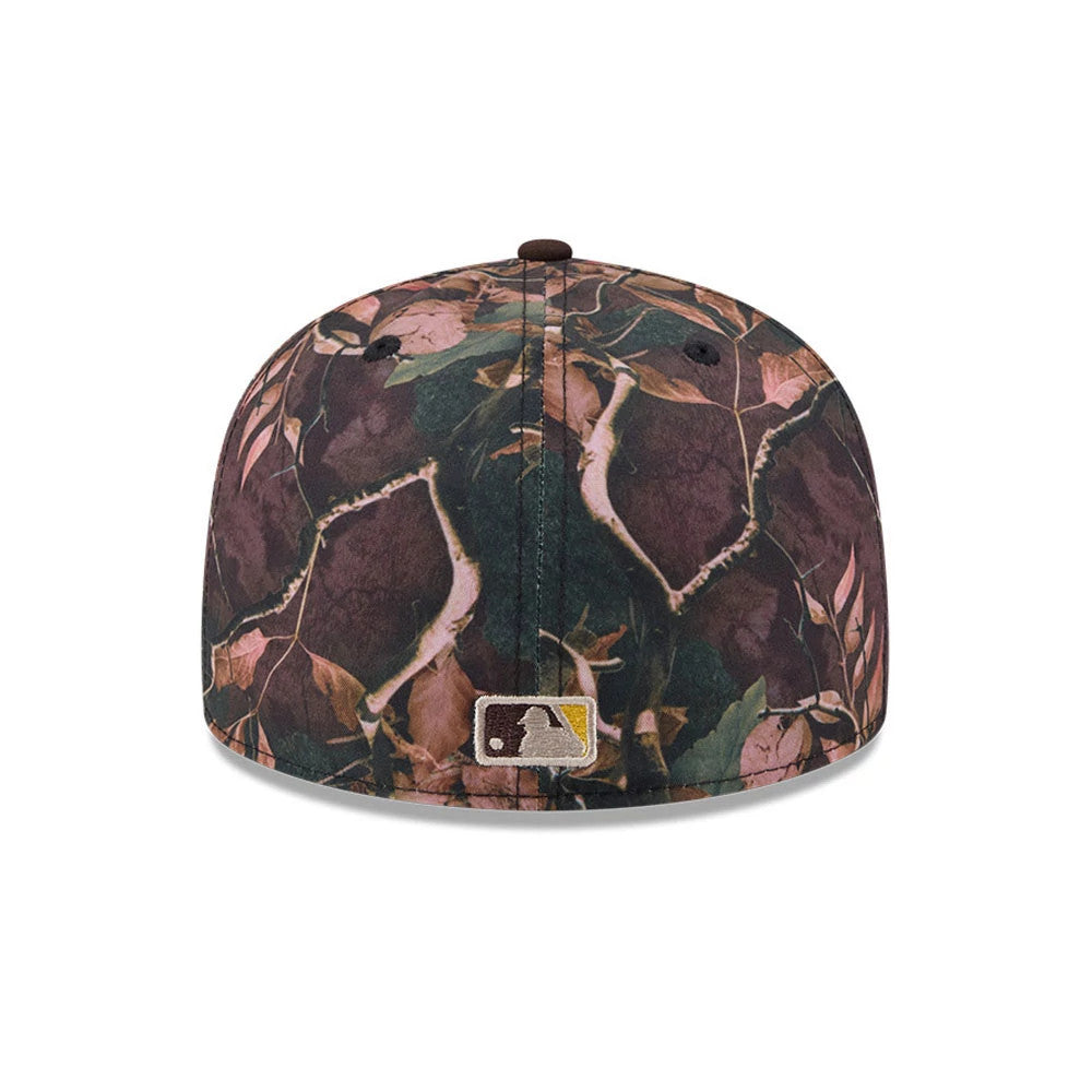 San Diego Padres MLB Leaves Dark Brown New Era 59FIFTY Fitted Cap, rear view showing the embroidered MLB Batterman logo at the centre of the back panels, featuring a dark brown leaf pattern across the structured crown.