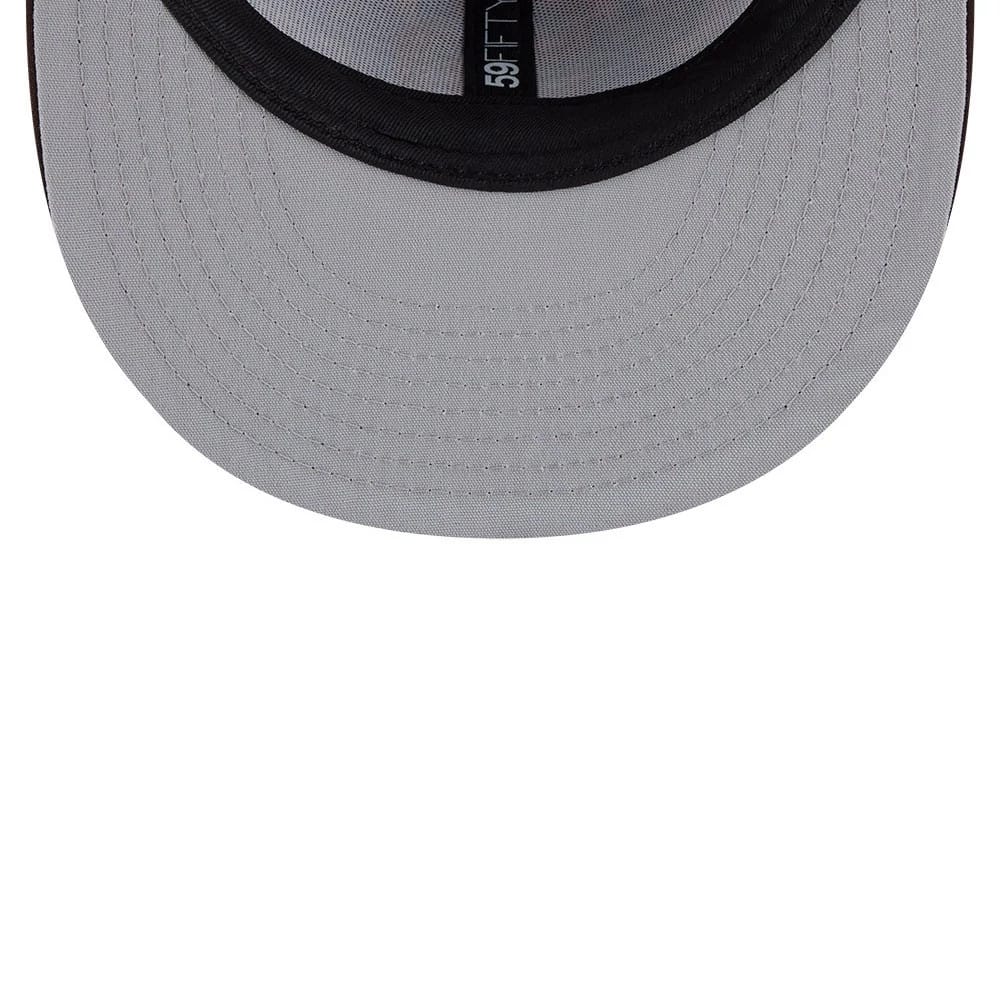San Diego Padres MLB Leaves Dark Brown New Era 59FIFTY Fitted Cap, inside view showing a grey undervisor, black sweatband, and black-on-white 59FIFTY taping running along the centre seams.