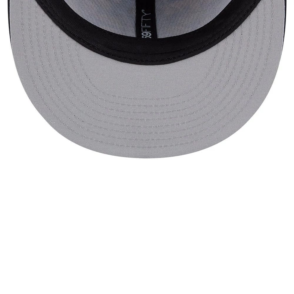 New York Yankees MLB Leaves Navy New Era 59FIFTY Fitted Cap, inside view showing the black sweatband and grey undervisor with black taping featuring the 59FIFTY logo running along the centre.