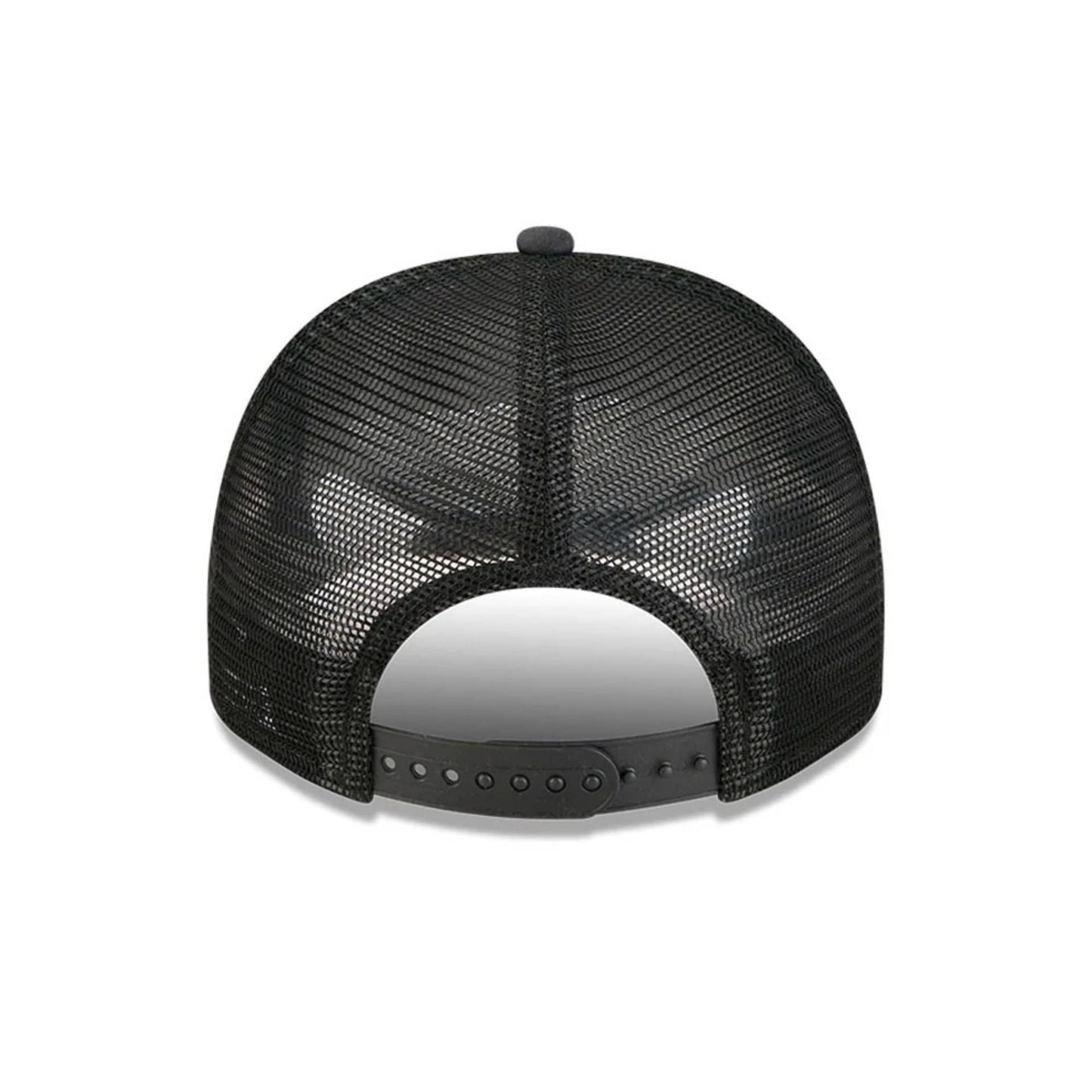 LA Lakers NBA Washed Black New Era 9FIFTY A-Frame Trucker Adjustable Cap, rear view showing the black mesh crown and adjustable snapback closure, with a small top button and curved edge above the opening.