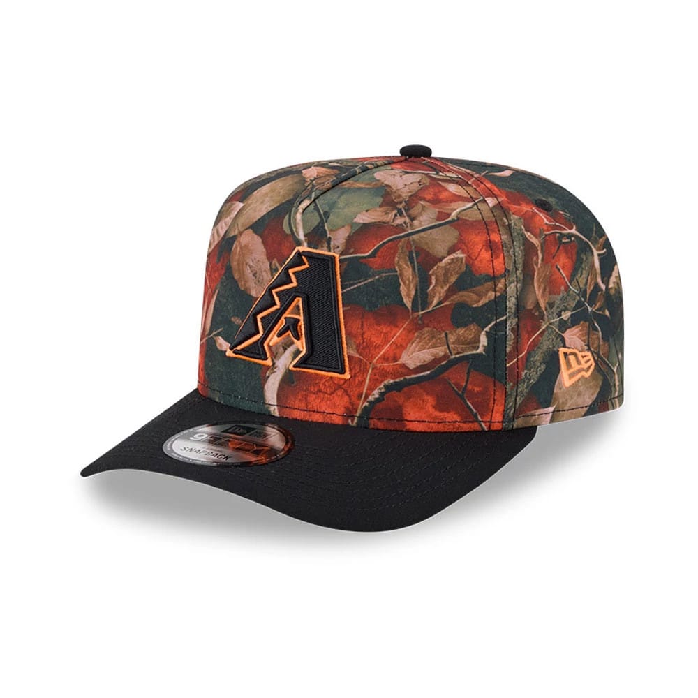 Arizona Diamondbacks MLB Leaves Bright Orange New Era 9FIFTY A-Frame Snapback Cap, three-quarter view showing the raised black and orange embroidered team logo on the multi-coloured leaves pattern, with a black visor and 9FIFTY size sticker.
