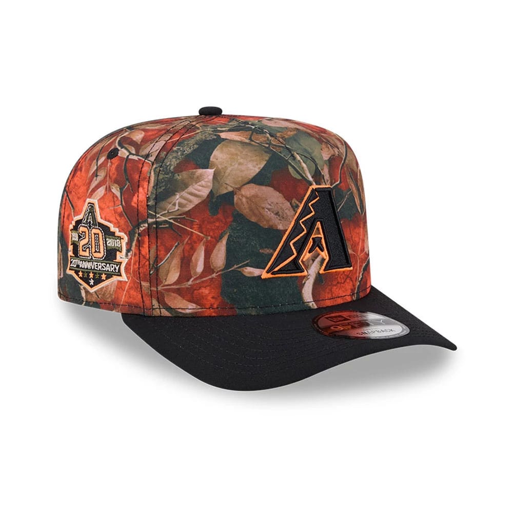 Arizona Diamondbacks MLB Leaves Bright Orange New Era 9FIFTY A-Frame Snapback Cap, three-quarter view showing the raised black and orange A logo on the front panel, a 20th Anniversary patch on the side.