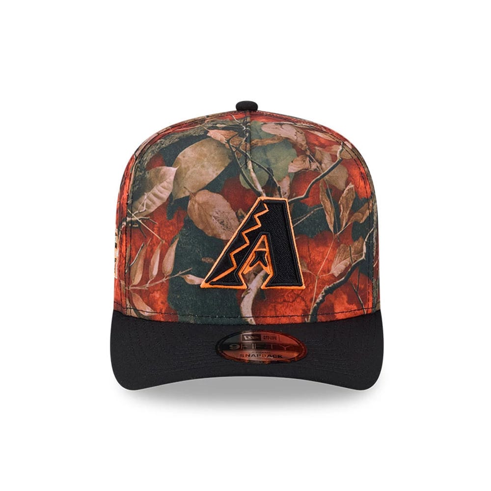 Arizona Diamondbacks MLB Leaves Bright Orange New Era 9FIFTY A-Frame Snapback Cap, front view showing the orange-bordered embroidered A logo on a leaf-patterned crown and a black visor with a 9FIFTY size sticker.