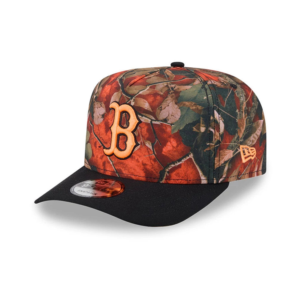 Boston Red Sox MLB Leaves Bright Orange New Era 9FIFTY A-Frame Snapback Cap, three-quarter view showing an orange raised embroidered B logo on the front panel with a black visor and a New Era flag logo on the left side.