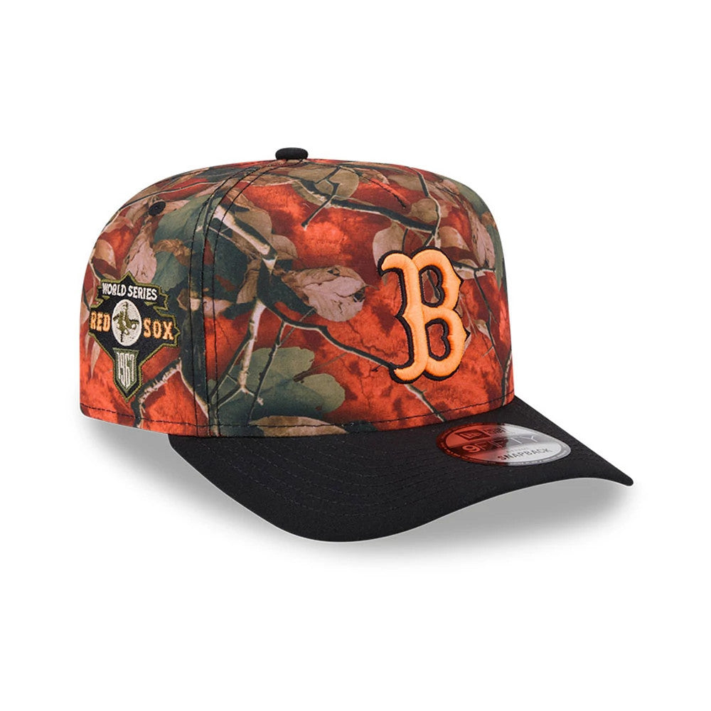 Boston Red Sox MLB Leaves Bright Orange New Era 9FIFTY A-Frame Snapback Cap, three-quarter view showing the raised orange B logo on the front panel, black visor with a 9FIFTY size sticker, and World Series side patch.
