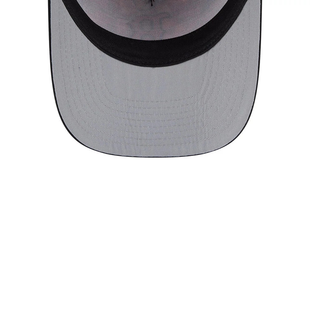 Boston Red Sox MLB Leaves Bright Orange New Era 9FIFTY A-Frame Snapback Cap, inside view showing the grey undervisor with contrasting black stitching and the inner crown structure with black taping.