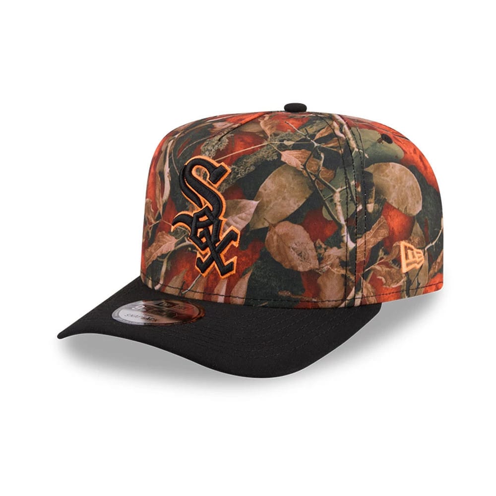 Chicago White Sox MLB Leaves Bright Orange New Era 9FIFTY A-Frame Snapback Cap, front view showing the raised black and orange embroidered logo on a leafy patterned crown, black flat visor and the New Era flag logo on the left side.