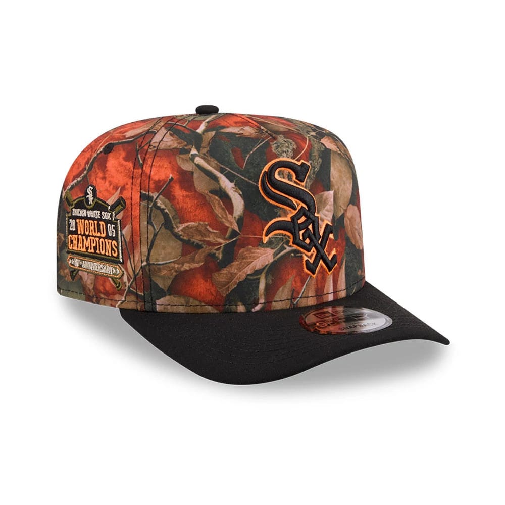 Chicago White Sox MLB Leaves Bright Orange New Era 9FIFTY A-Frame Snapback Cap, three-quarter view showing raised black and orange embroidered front logo, flat black visor with a 9FIFTY size sticker, and a champions patch on the right side.