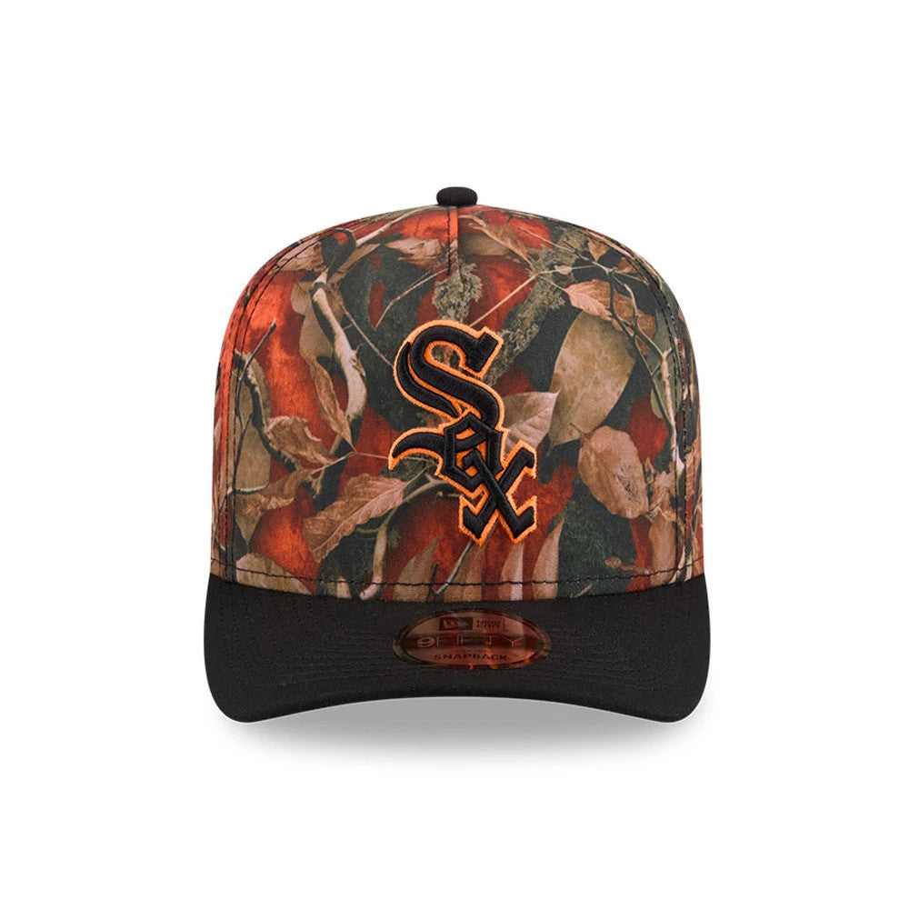 Chicago White Sox MLB Leaves Bright Orange New Era 9FIFTY A-Frame Snapback Cap, front view with an orange and black Sox logo embroidered on a leafy patterned crown and a black flat visor featuring a 9FIFTY size sticker.